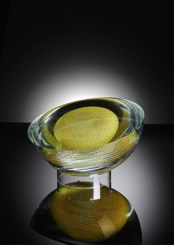 WGrootens 2022-Closed Vessel7 d.15  h.8 inch 38 sheeds of white Glass painted, glued, polished