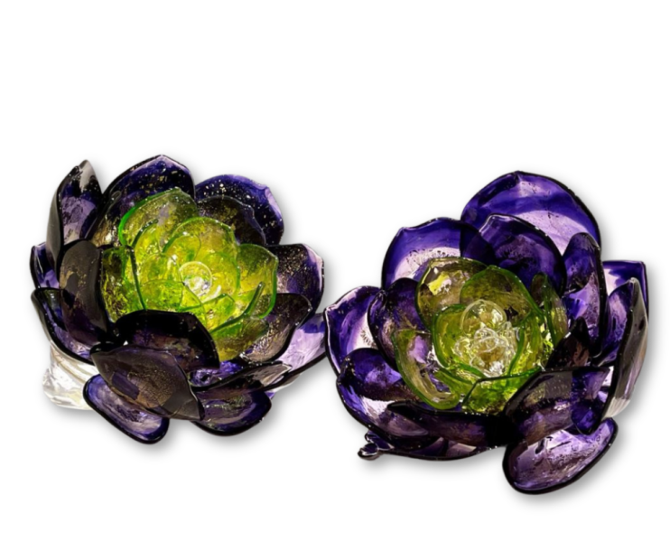 Martin Blank Indigo and Green Lotus Pair Glass Art