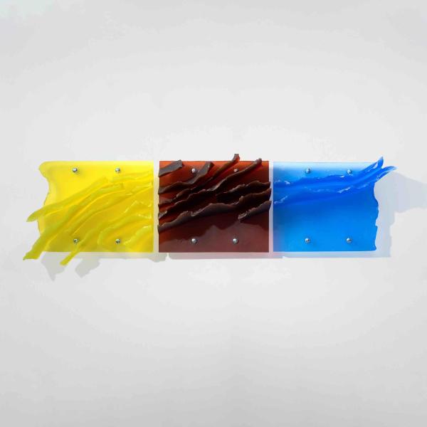 Zora Palova,horizontal triptych WATER,EARTH,AIR,2021,cast,cut blue,topaz and yellow glass,65x170x18cm